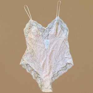 SOLD • Vintage Lingerie Lace Satin Bodysuit Pink 70s 80s